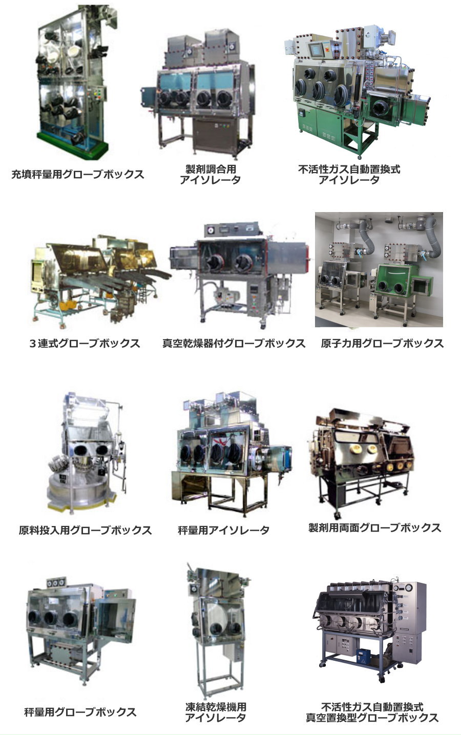 充墳秤量用グローブボックス　製剤調合用アイソレータ　不活性ガス自動置換式アイソレータ　３連式グローブボックス　真空乾燥器付グローブボックス　原子力用グローブボックス　原料投入用グローブボックス　秤量用アイソレータ　製剤用両面グローブボックス　秤量用グローブボックス　凍結乾燥機用アイソレータ　不活性ガス自動置換式　真空置換型グローブボックス