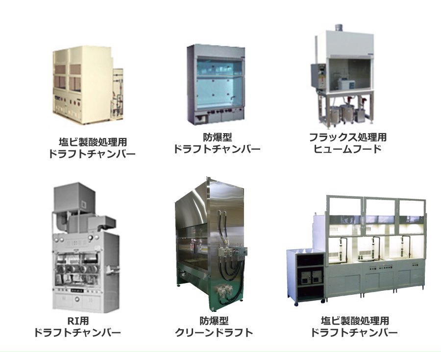 塩ビ製酸処理用ドラフトチャンバー　防爆型ドラフトチャンバー　フラックス処理用ヒュームフード　RI用ドラフトチャンバー　防爆型クリーンドラフ　塩ビ製酸処理用ドラフトチャンバー